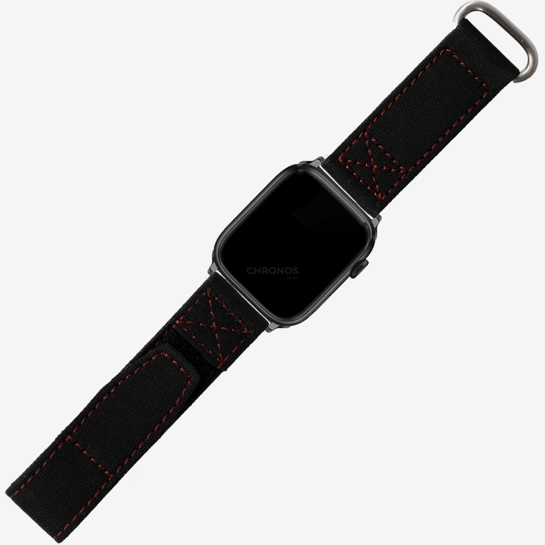 Apple Watch Band - Military Velcro - Black | Red Stitching - Watch Band