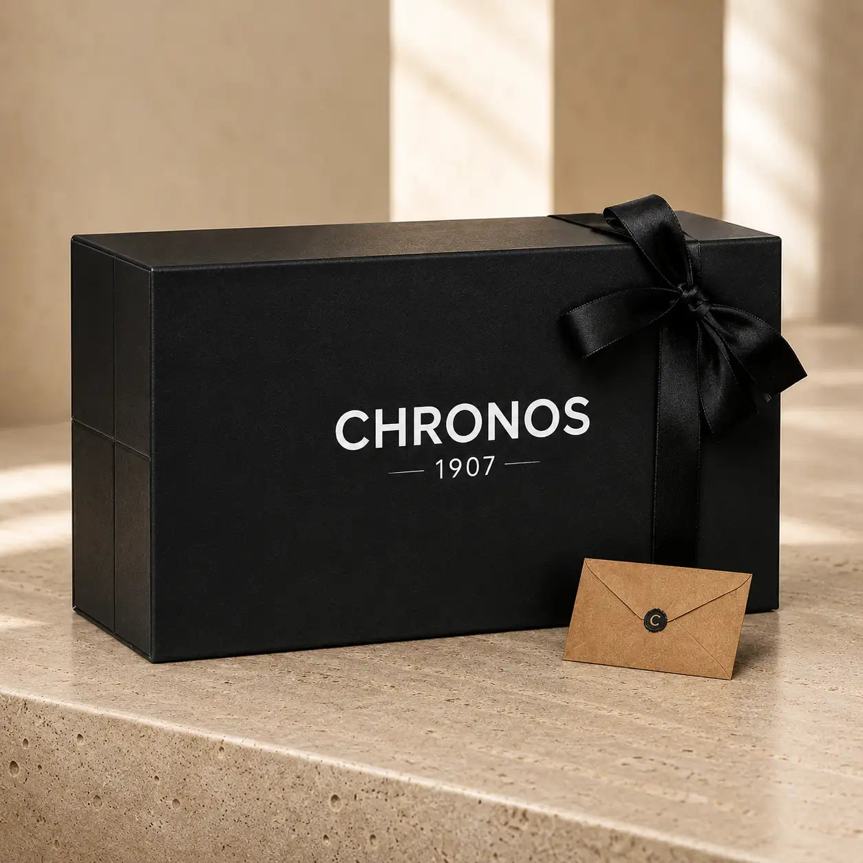 Black chronos 1907 gift box with a satin ribbon bow.