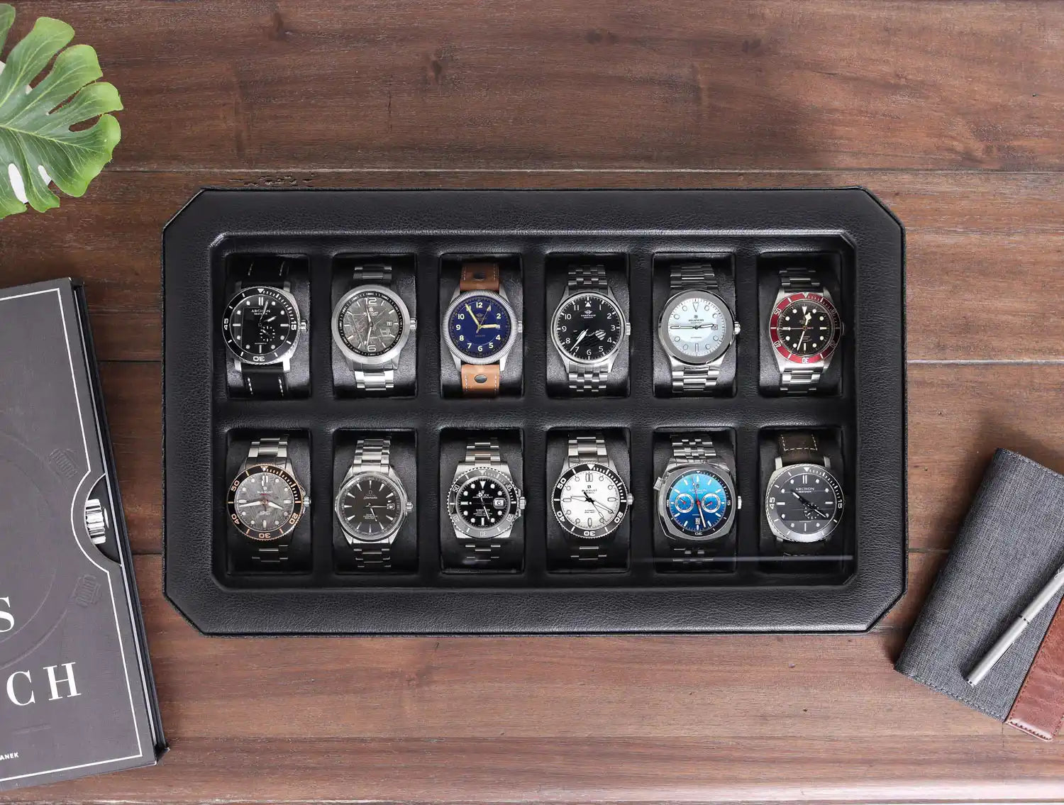 Black leather watch storage box.