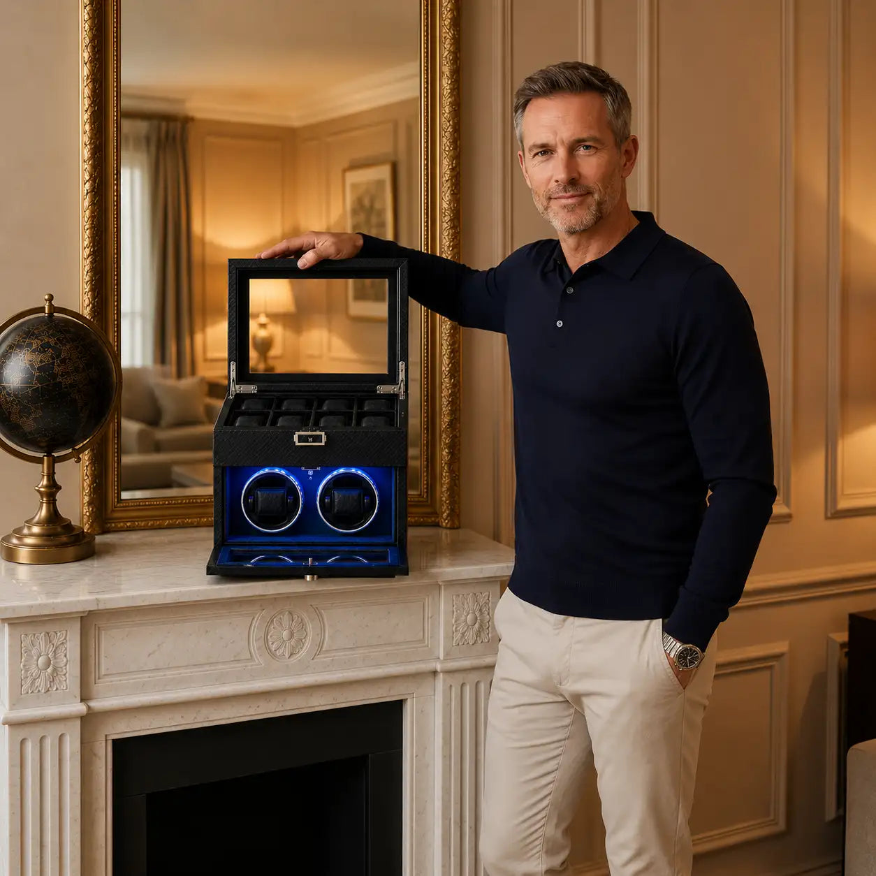 Black leather watch winder with blue illuminated circular compartments and glass lid