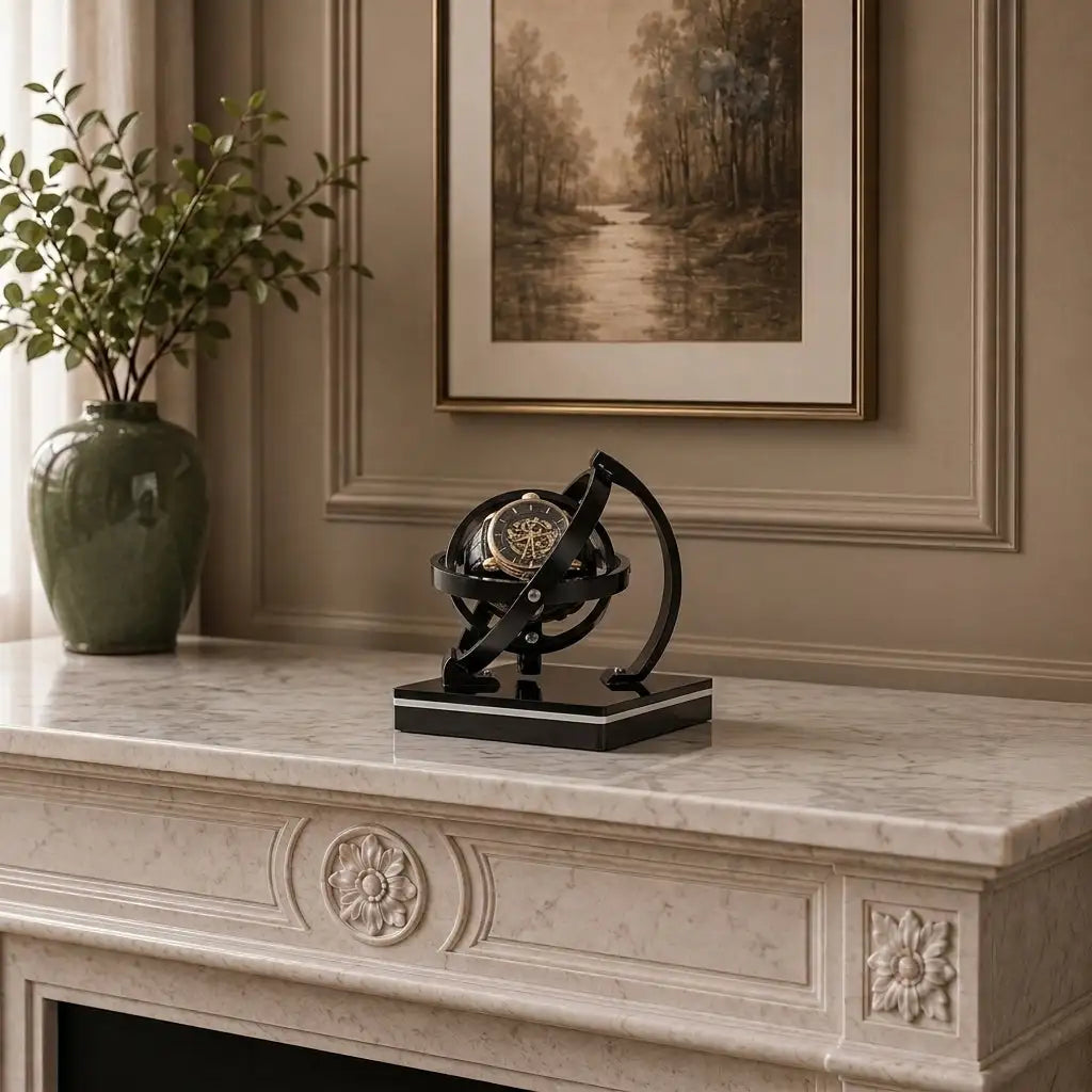 Black metal watch display stand with a rotating arm holding an ornate gold-toned wristwatch.