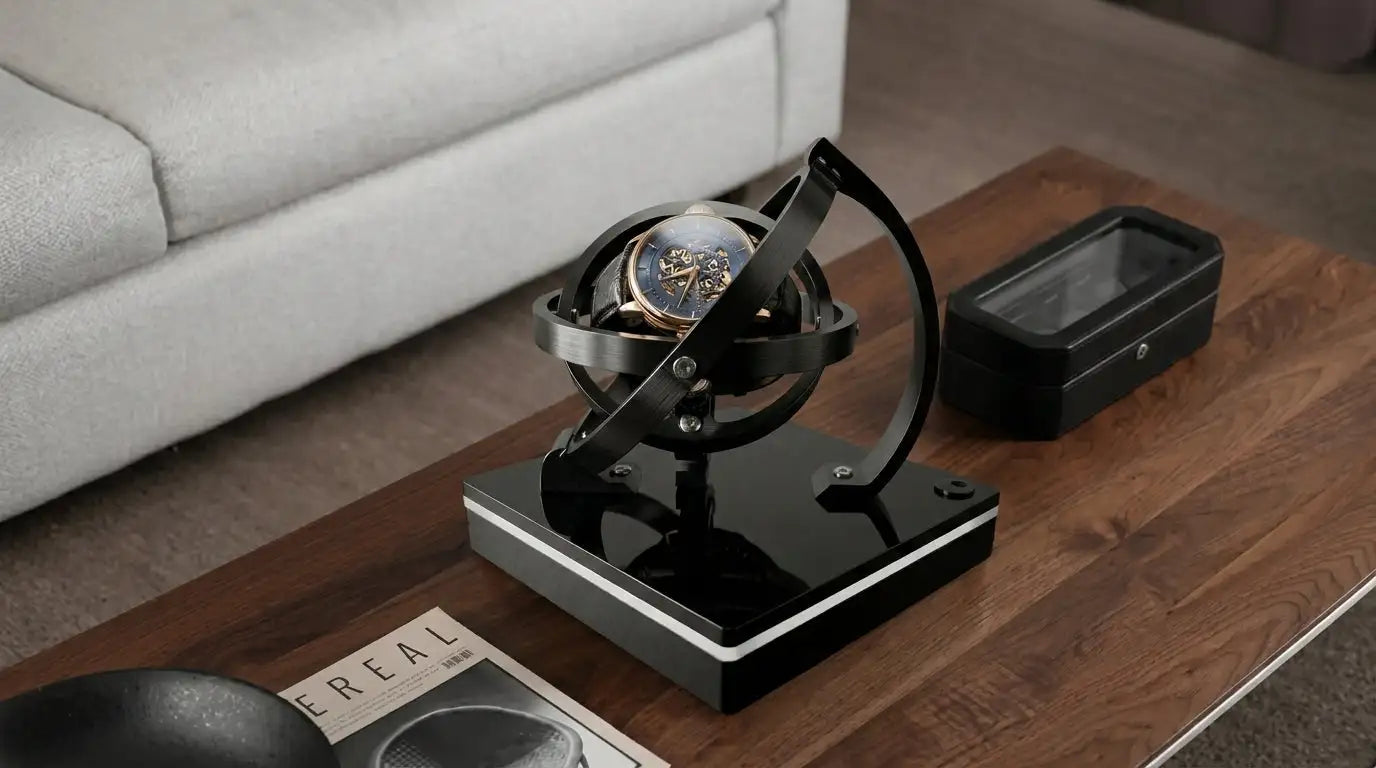 Black watch winder with a sleek, modern design holding an ornate gold and blue dial wristwatch.