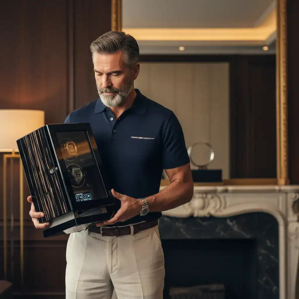 Black wooden watch display case with a glass front showcasing two luxury watches inside.