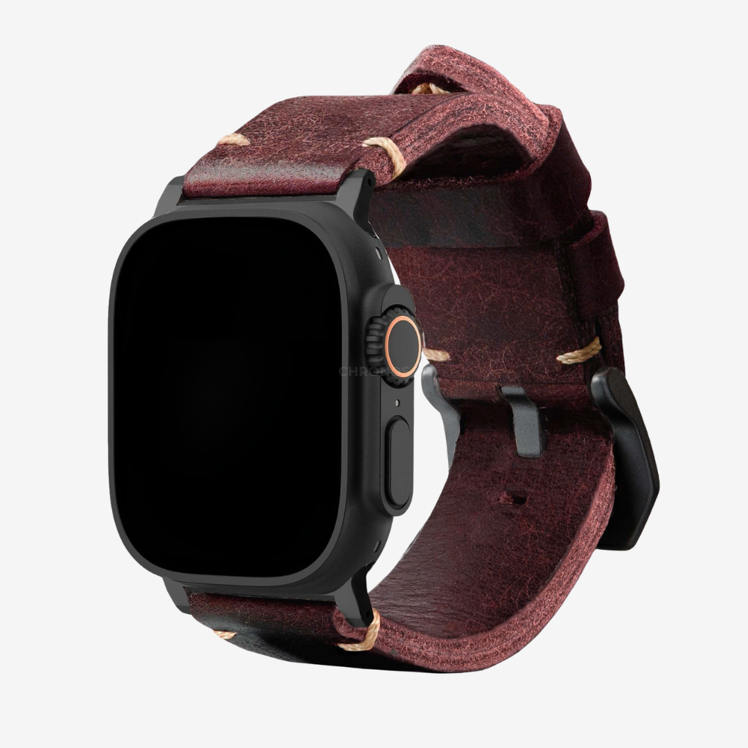 Leather Strap R01 - Burgundy Red / Black Titanium / 40mm / 41mm / 42mm - Watch Band