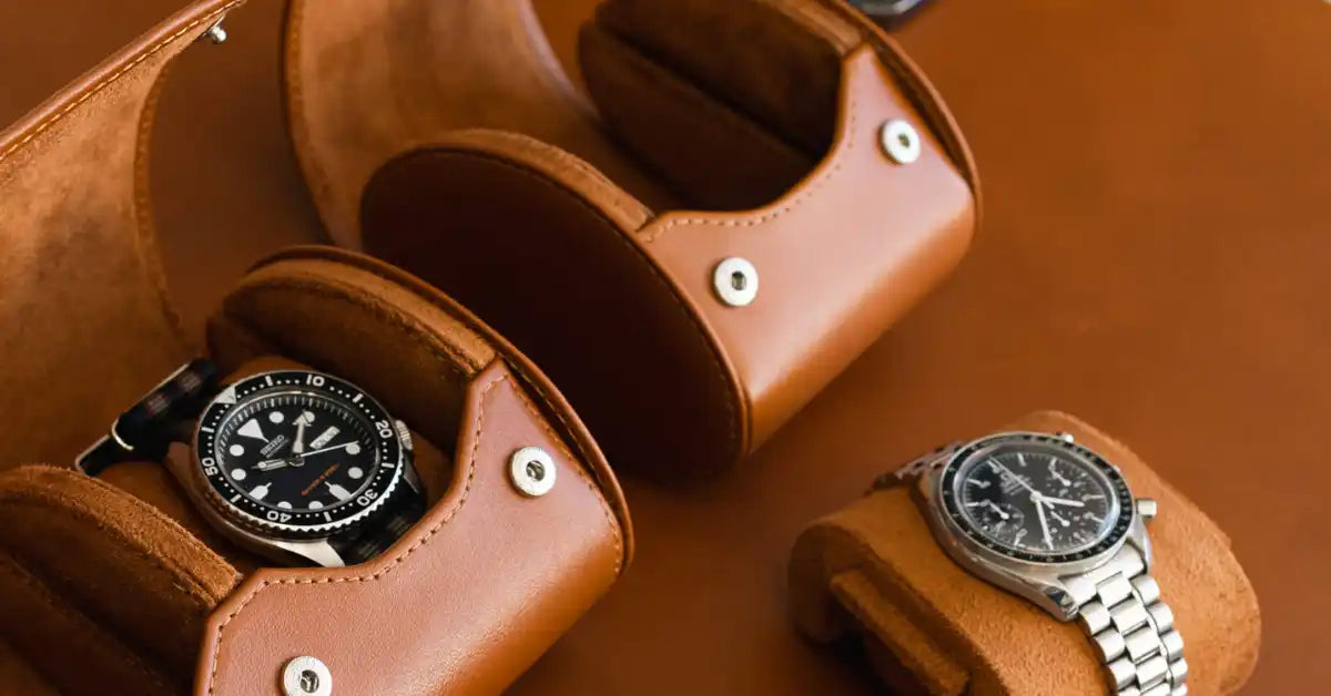 Leather watch travel cases with watches.