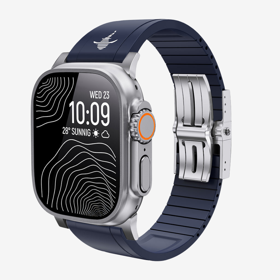 The Shark, Fine Watchmaking Grade FKM Apple Watch Band - Blue-Silver Buckle / 46mm/45mm/44mm - Watch Band