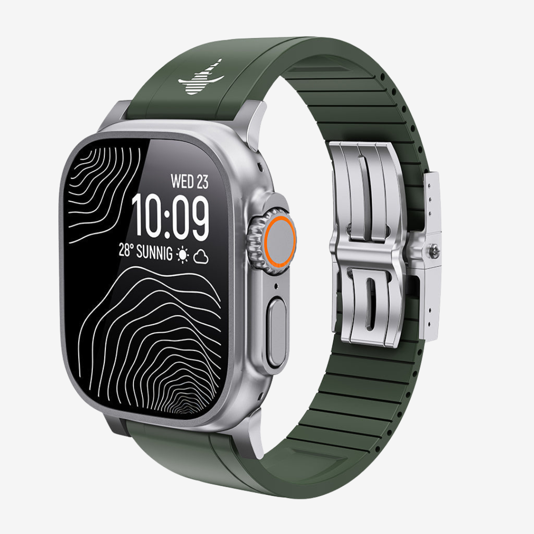 The Shark, Fine Watchmaking Grade FKM Apple Watch Band - Green-Silver Buckle / 46mm/45mm/44mm - Watch Band