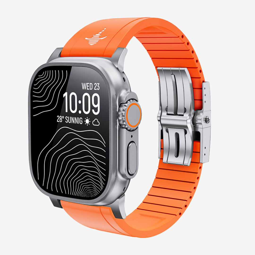 The Shark, Fine Watchmaking Grade FKM Apple Watch Band - Orange-Silver Buckle / 46mm/45mm/44mm - Watch Band