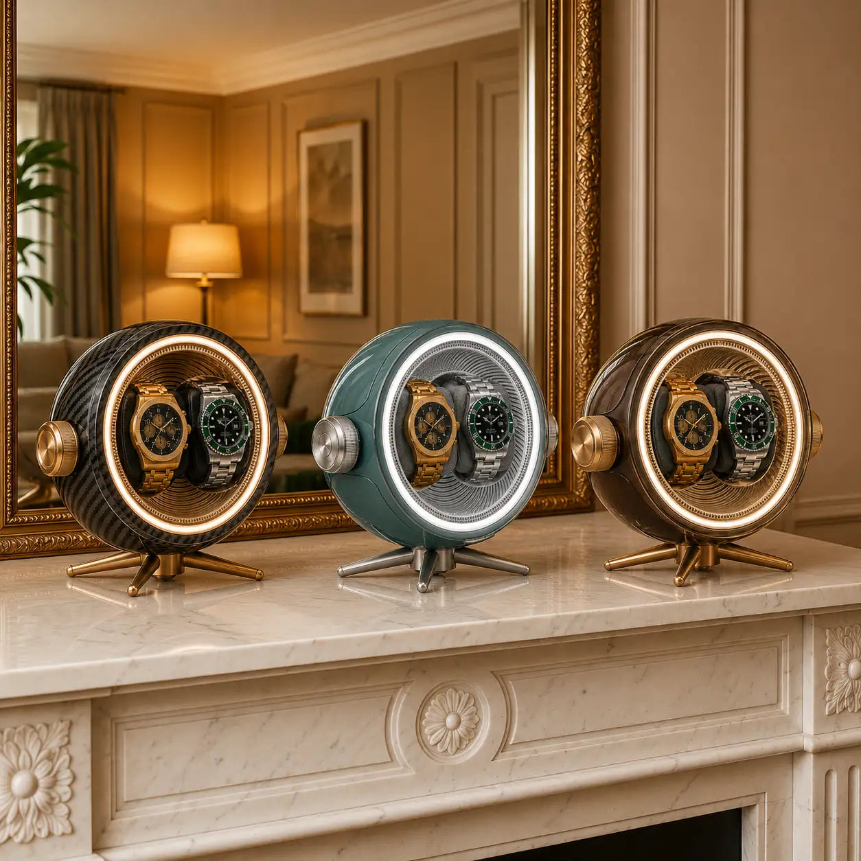 Three elegant, circular watch display stands with illuminated rings and metallic finishes.