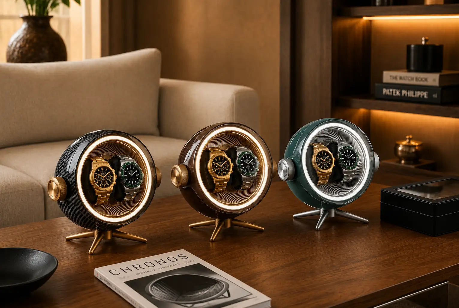 Three elegant, circular watch display units with metallic finishes and glowing rings showcase luxury timepieces.