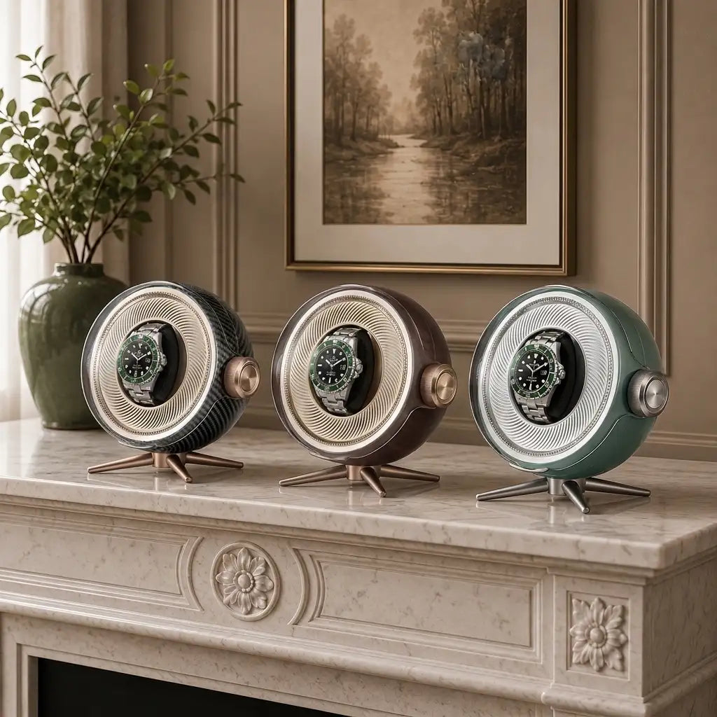Three elegant, circular watch winder units in black, bronze, and teal with metallic finishes and ribbed designs.