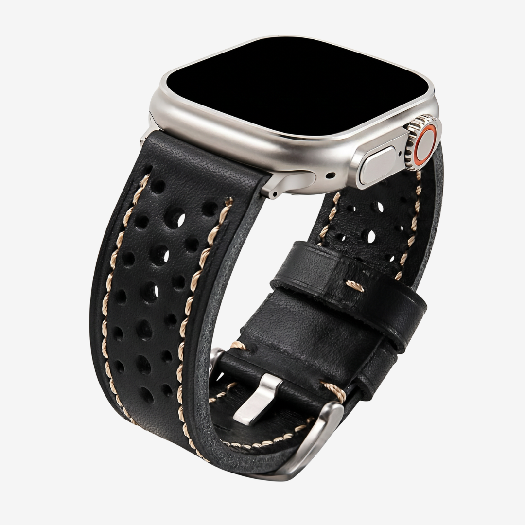 Vintage Racing Leather Band For Apple Watch - Black / Silver / 40mm/41mm/42mm - Watch Band
