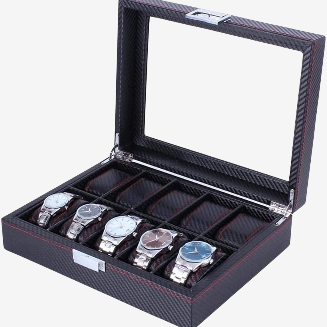 Boîte à montres - Fibre de carbone noire et rouge - 10 emplacements - Boîte à montres