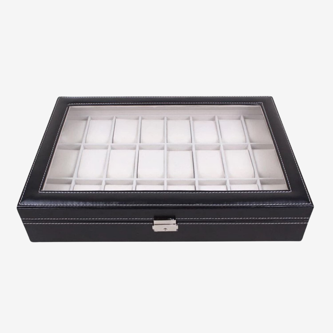 Boîte à montres - Grand modèle en cuir noir - 24 emplacements - Boîte à montres