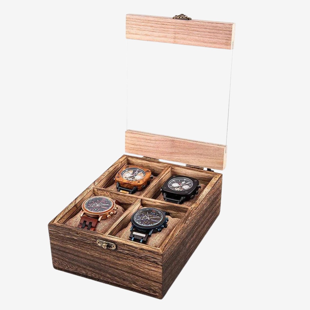 Boîte à montres - Coffret vintage en bois 4 emplacements - Boîte à montres