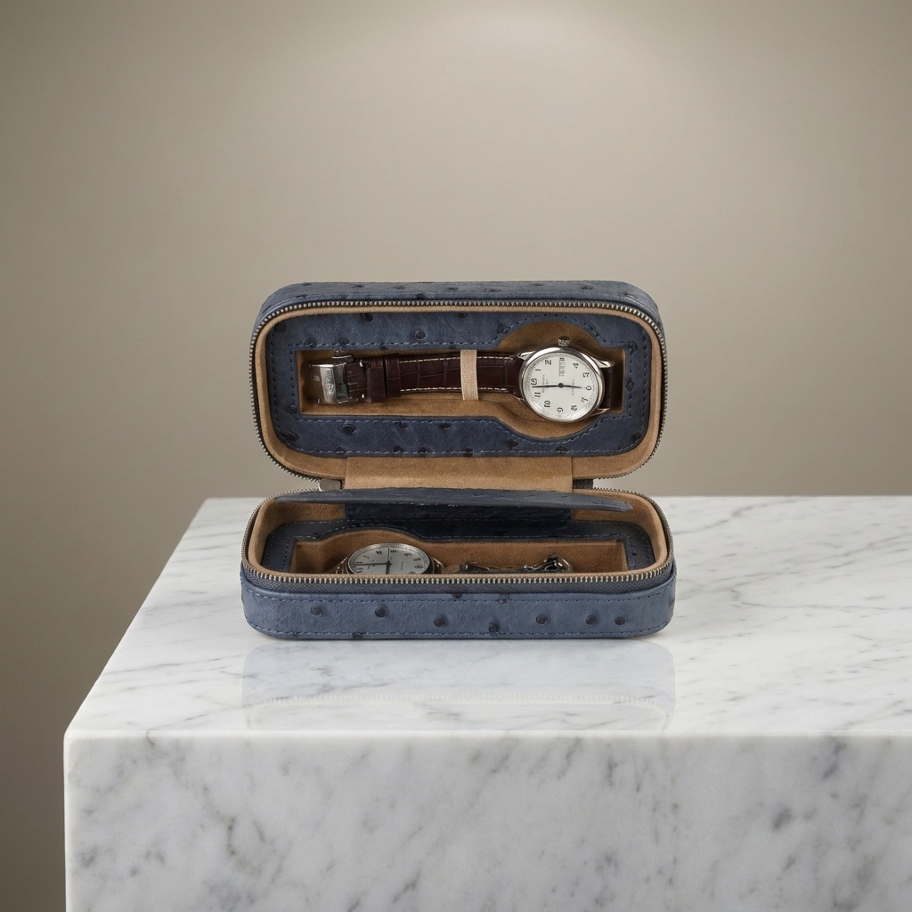 Watch Case – Bluish Ostrich 2 Slots - Watch Box