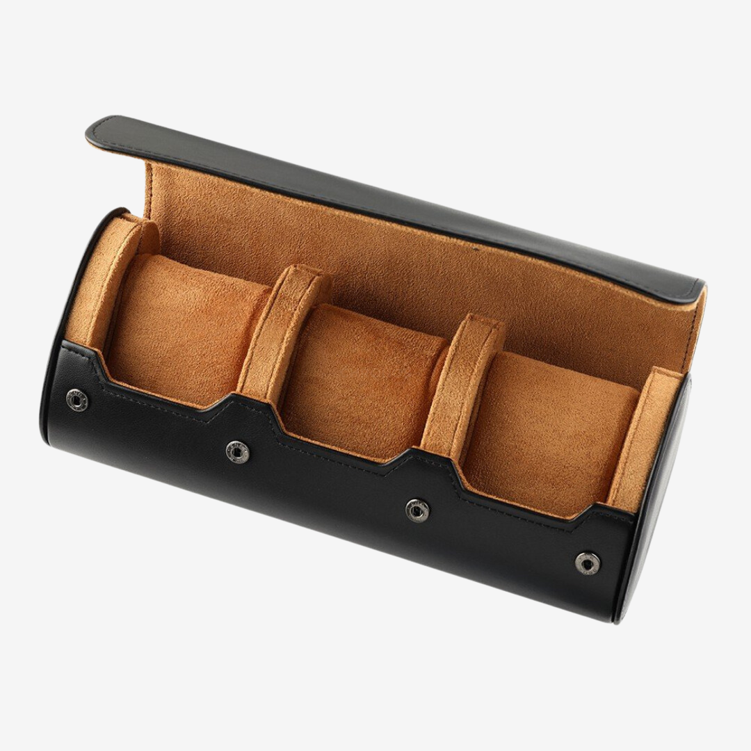 Watch Roll Trio – Black Leather Watch Case - Watch Roll