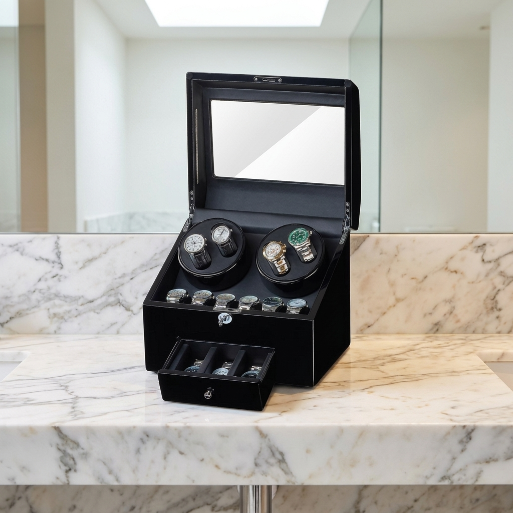 Watch Winder - Piano Black 4 Rotating + 9 Slots - Watch Winder