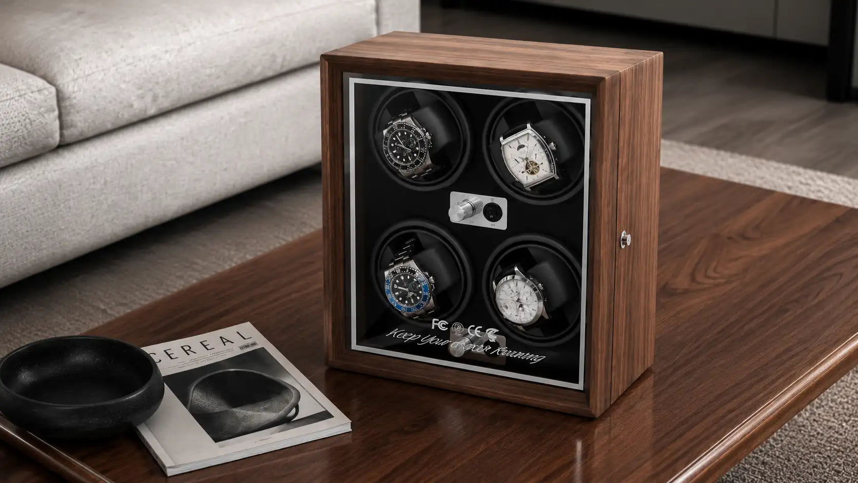 Wooden four-watch automatic winder with black interior and silver control dial.