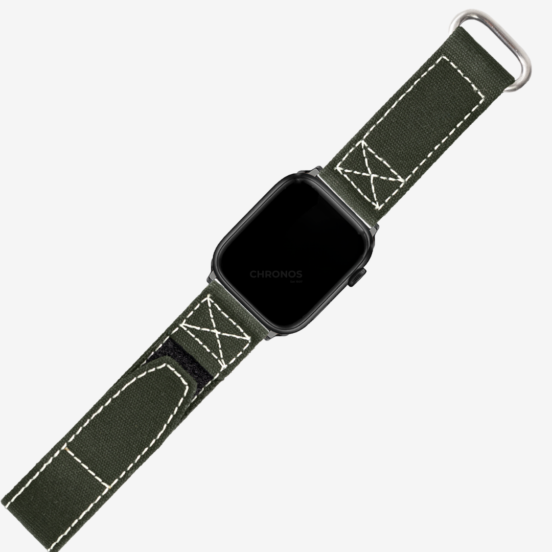 Apple Watch Band - Military Velcro - Army Green | White Stitching - Watch Band