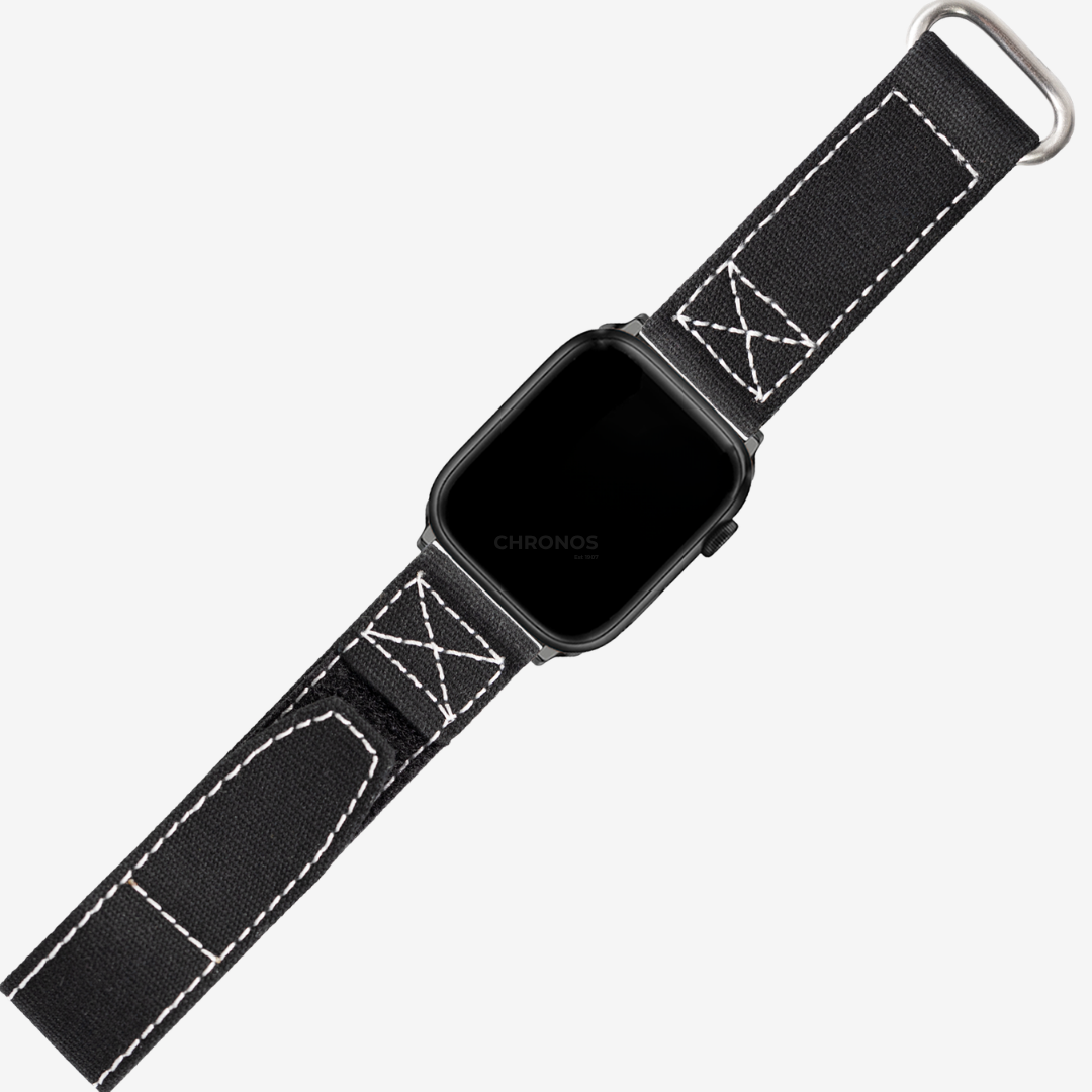 Apple Watch Band - Military Velcro - Black | White Stitching - Watch Band