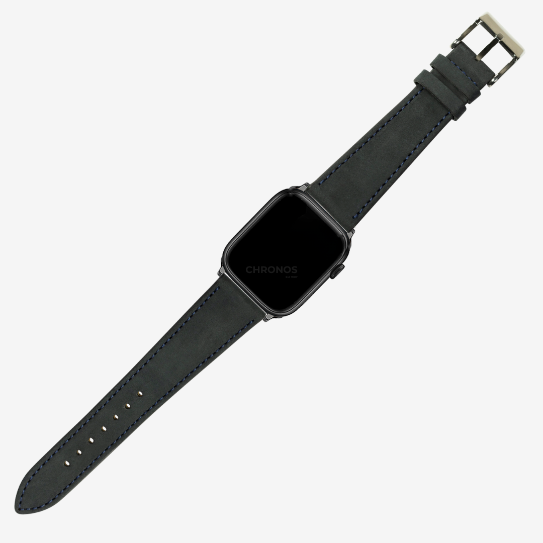 Apple Watch Band - Nubuck Leather - Black | Navy Blue Stitching - Watch Band