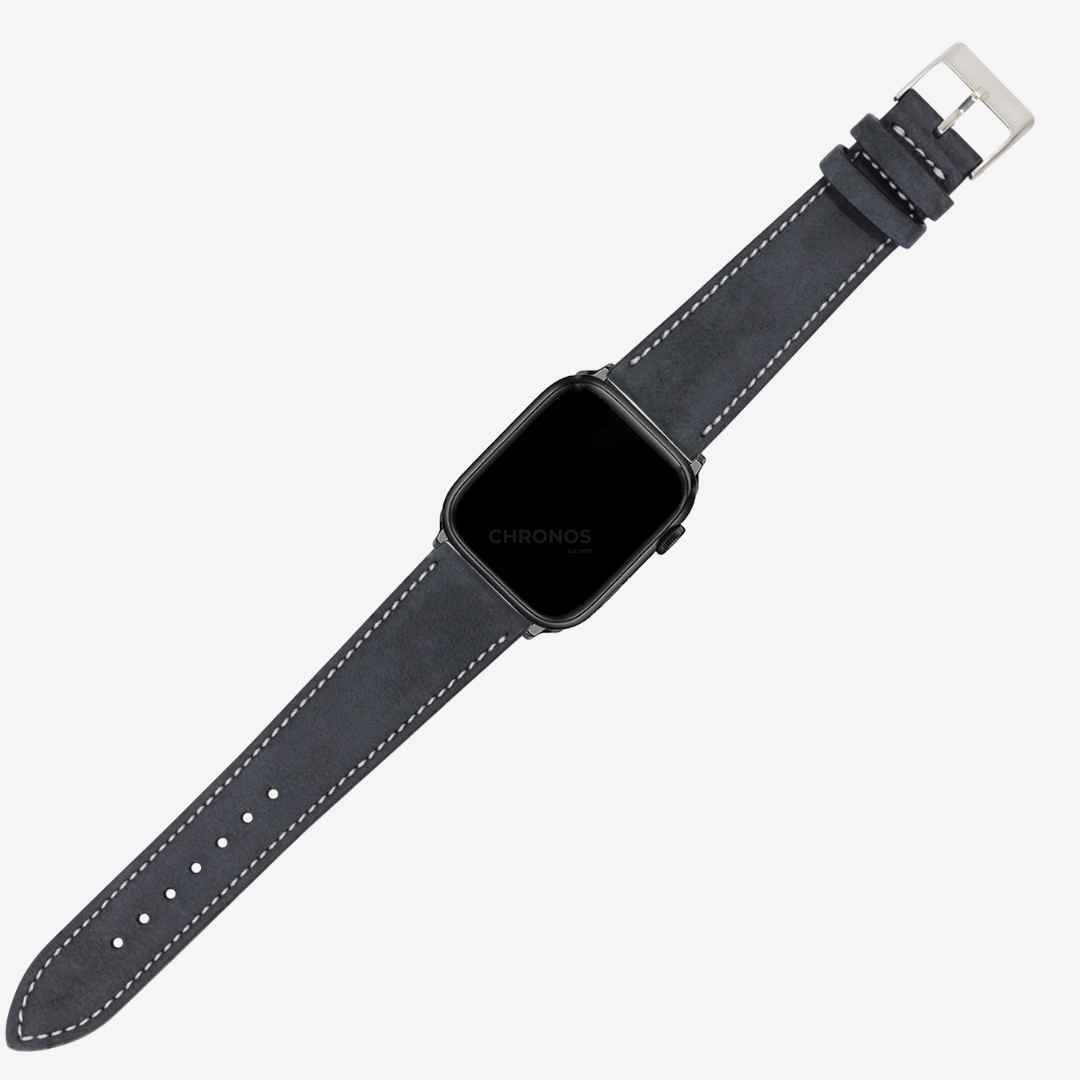 Apple Watch Band - Nubuck Leather - Black | White Stitching - Watch Band