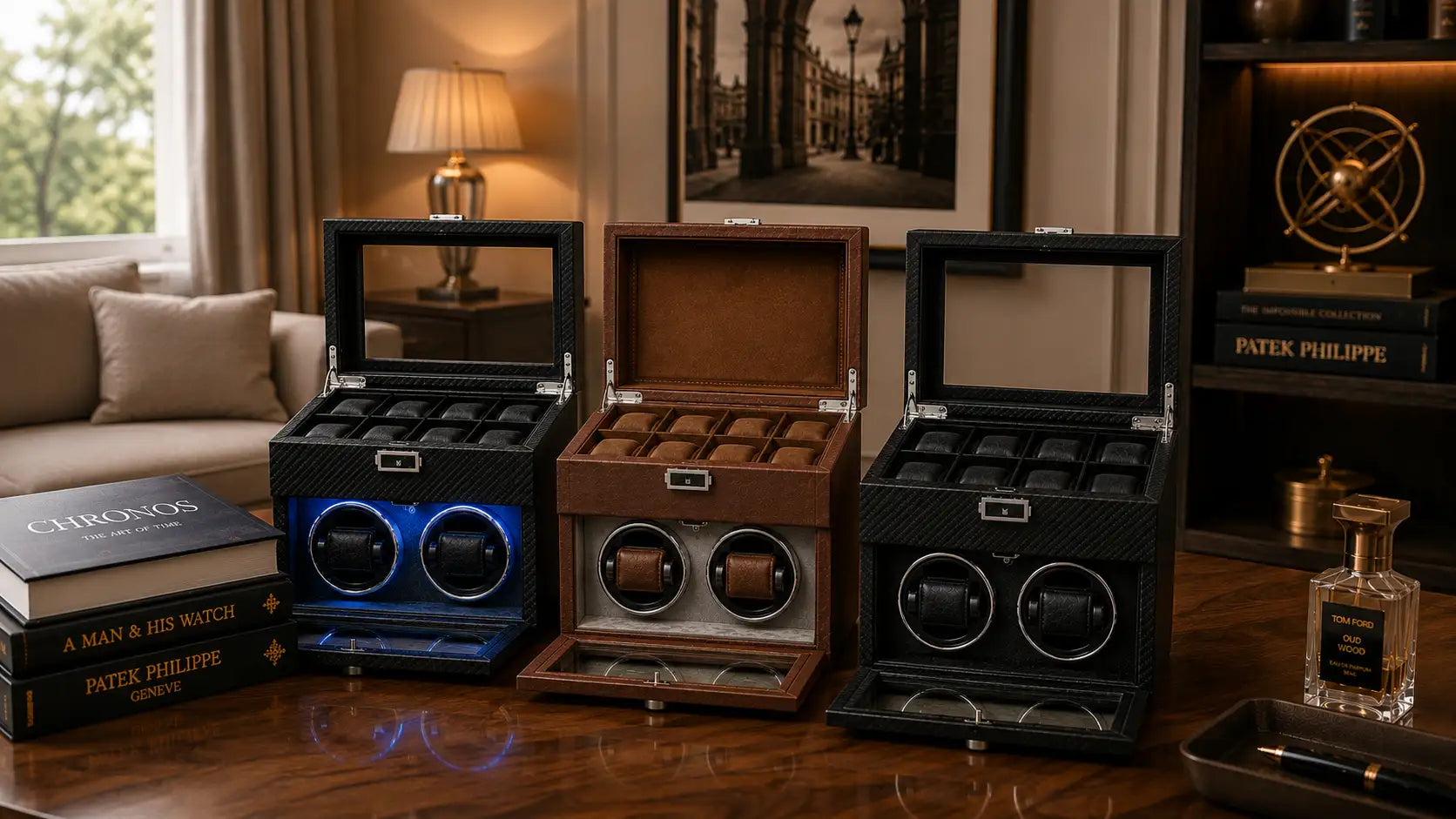 Black carbon fiber watch winder with blue led lighting and dual rotating compartments.