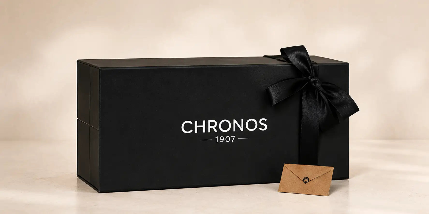 Black chronos 1907 gift box with a satin ribbon bow and a small brown envelope.