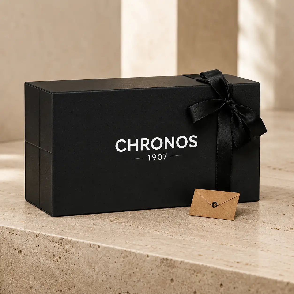 Black chronos 1907 gift box tied with a black satin ribbon.