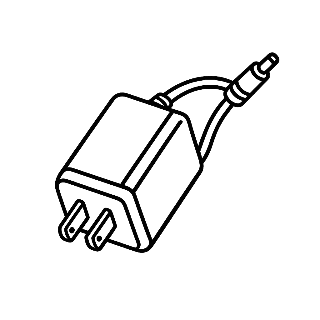 Black corded power adapter with two-prong plug and a cylindrical connector at the end.