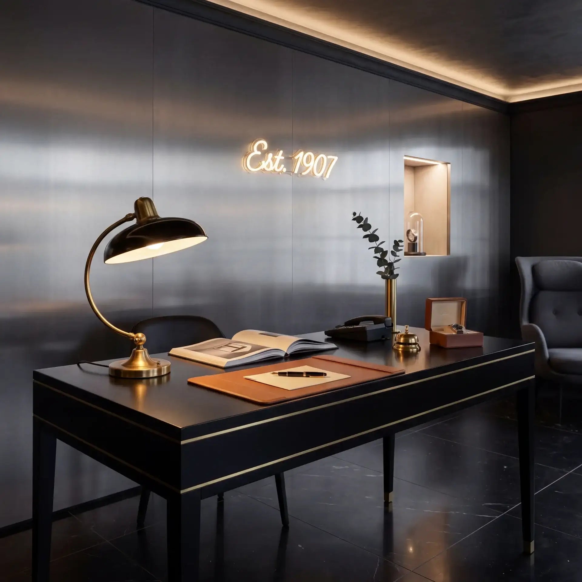 Black desk with gold trim and a brass gooseneck lamp.