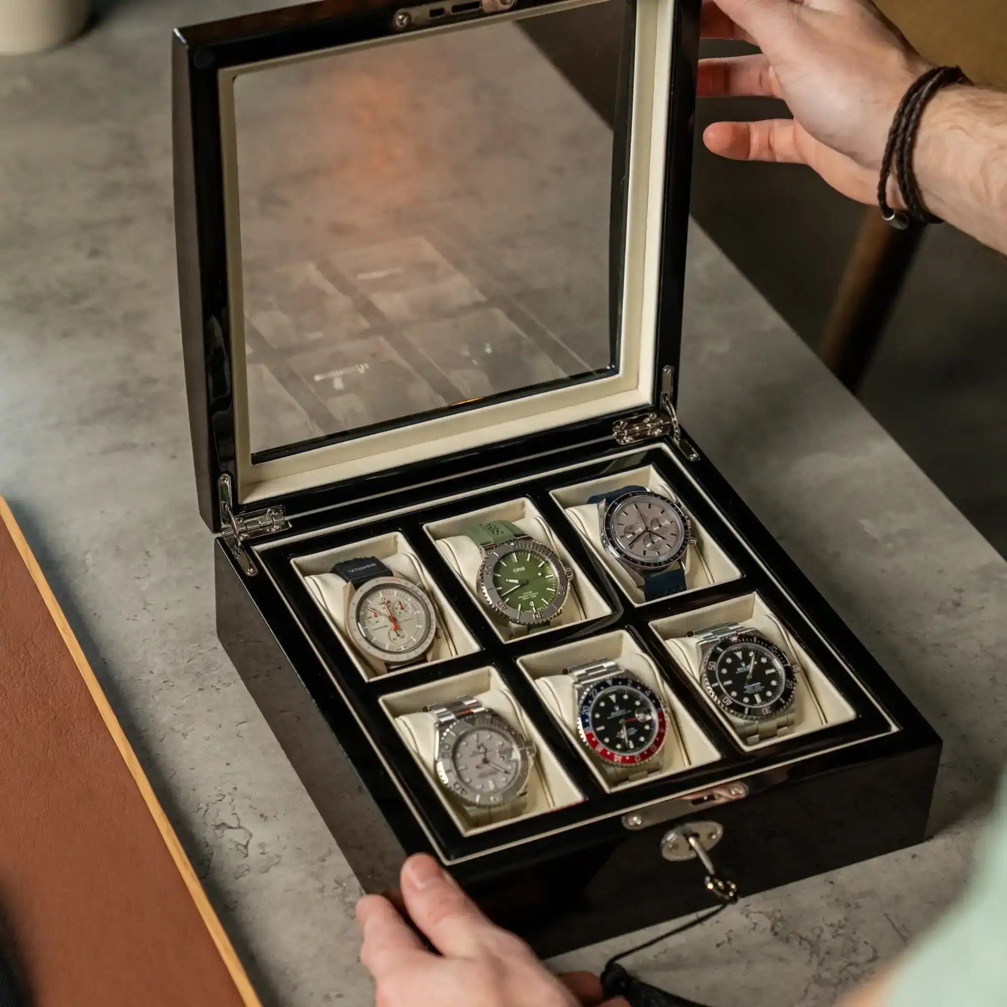 Glossy watch storage box.