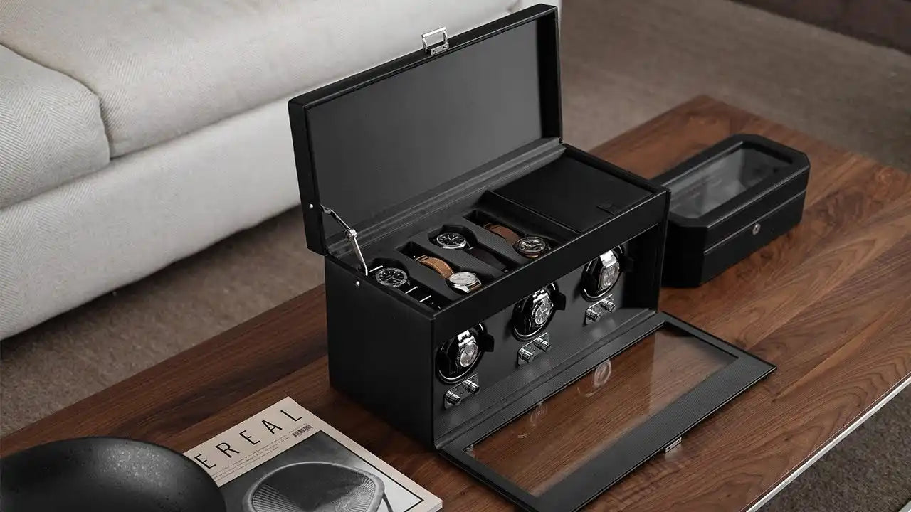 Black leather watch box with winders.