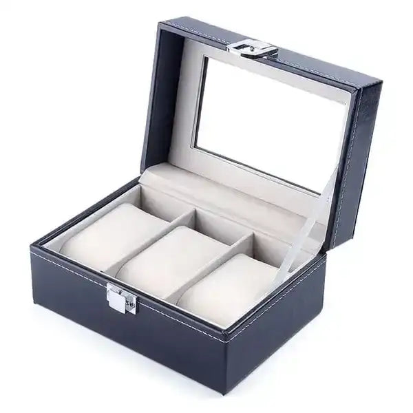 Open black leather watch box.