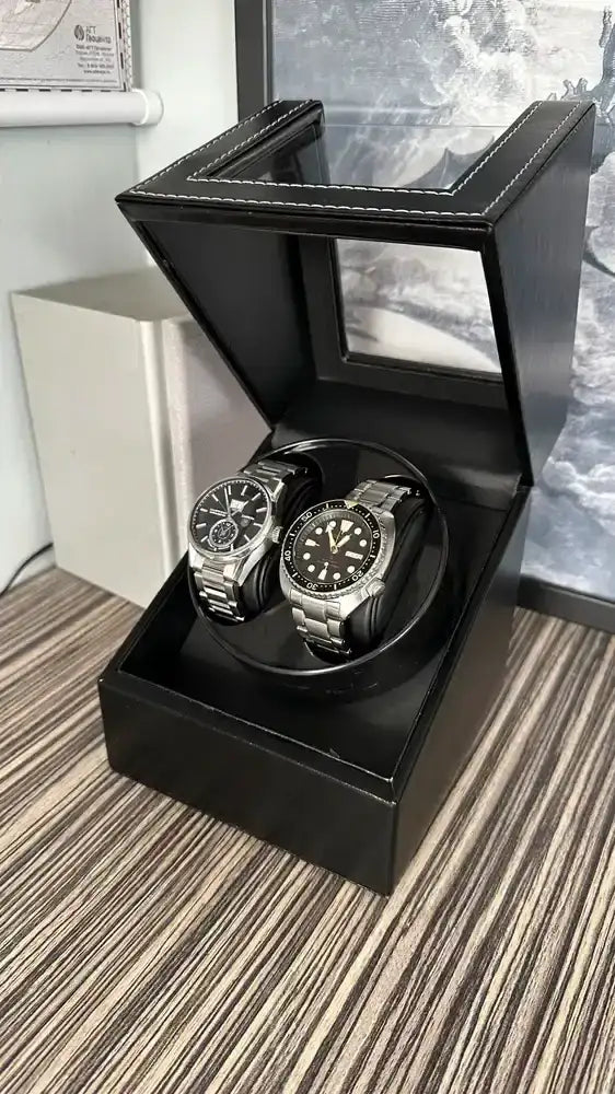 Black leather watch winder.
