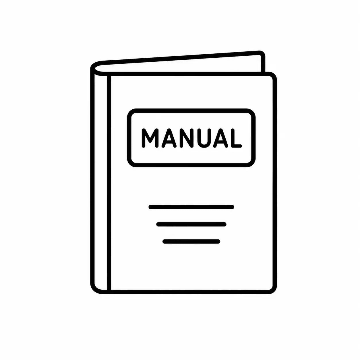 Black line-art illustration of a manual with the word ’manual’ prominently displayed on its cover.