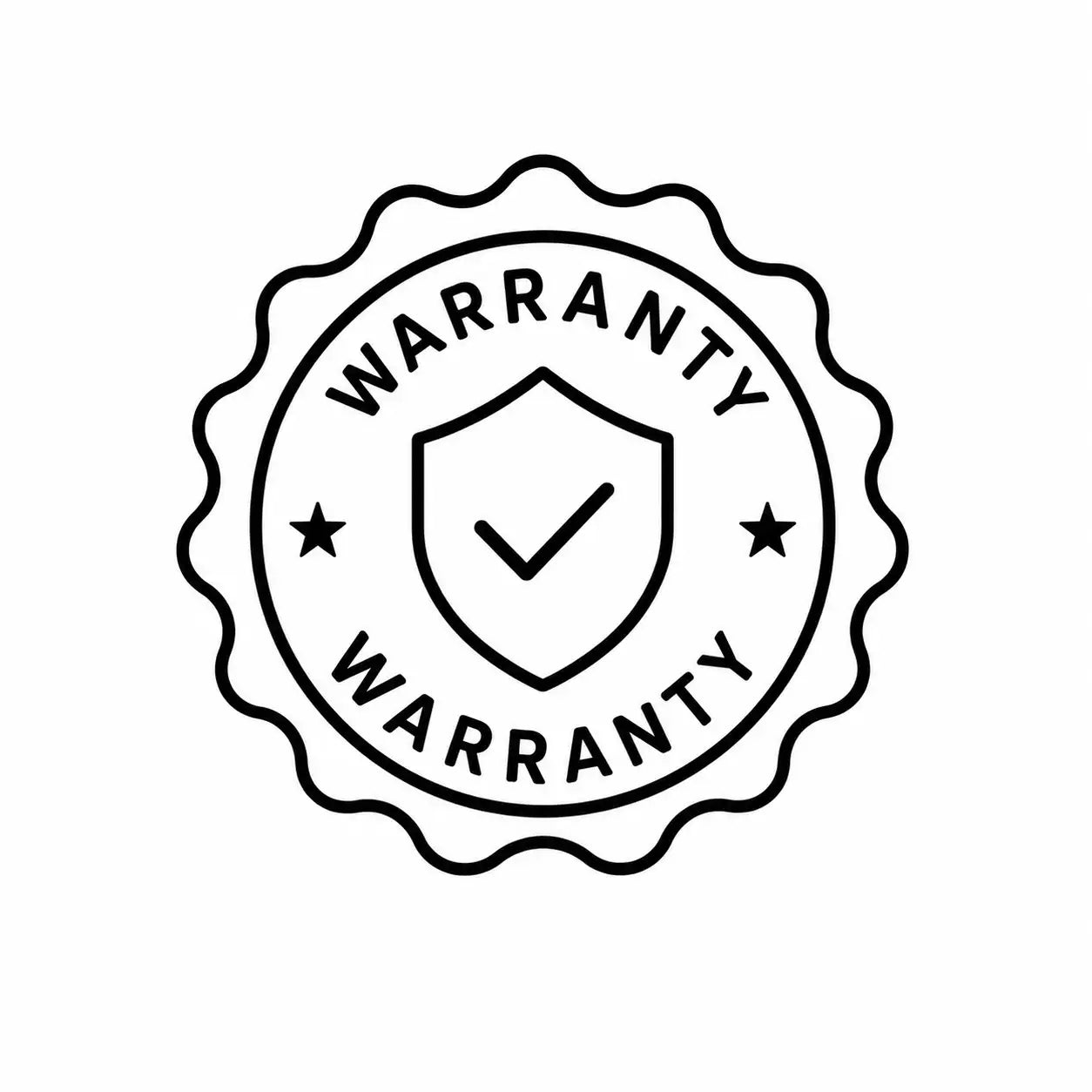 Black line-art warranty seal with a shield and checkmark.