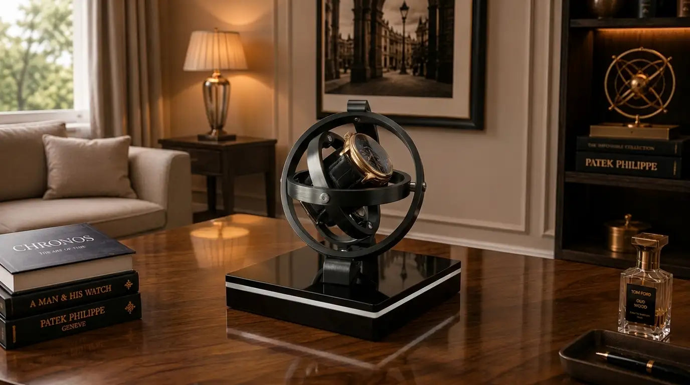 Black spherical watch winder with a gold-toned timepiece inside, resting on a glossy black base.