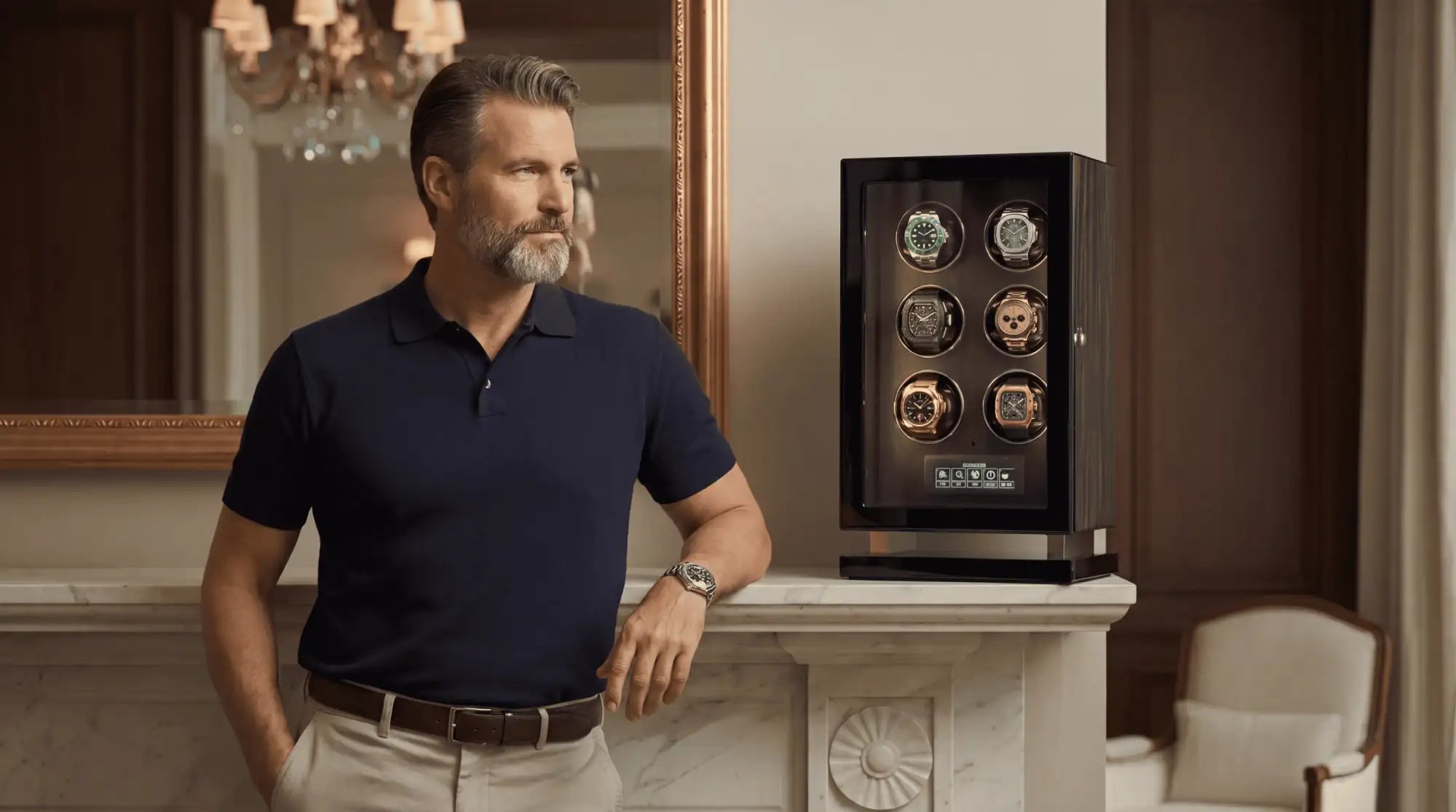 Black wooden watch winder with six circular compartments holding various luxury watches.