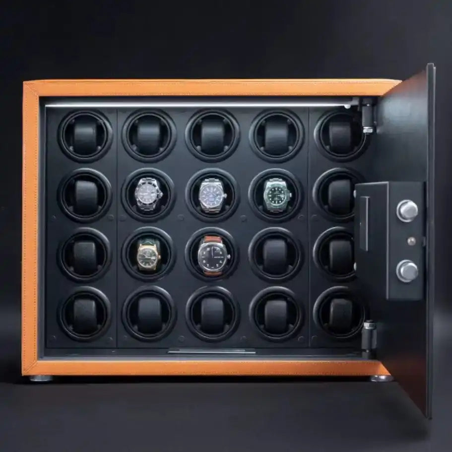 Orange-trimmed watch winder safe.