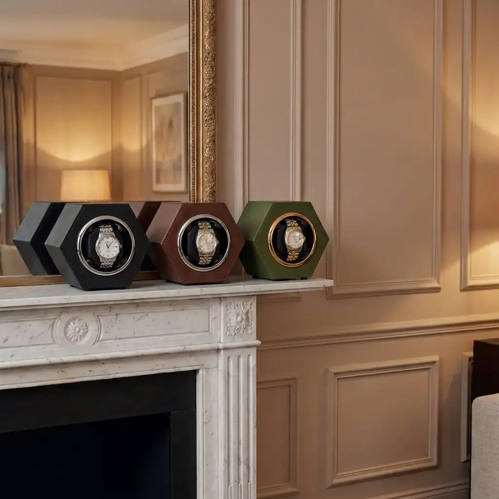 Four hexagonal watch winder boxes in black, brown, and green with gold-trimmed circular openings housing elegant watches.