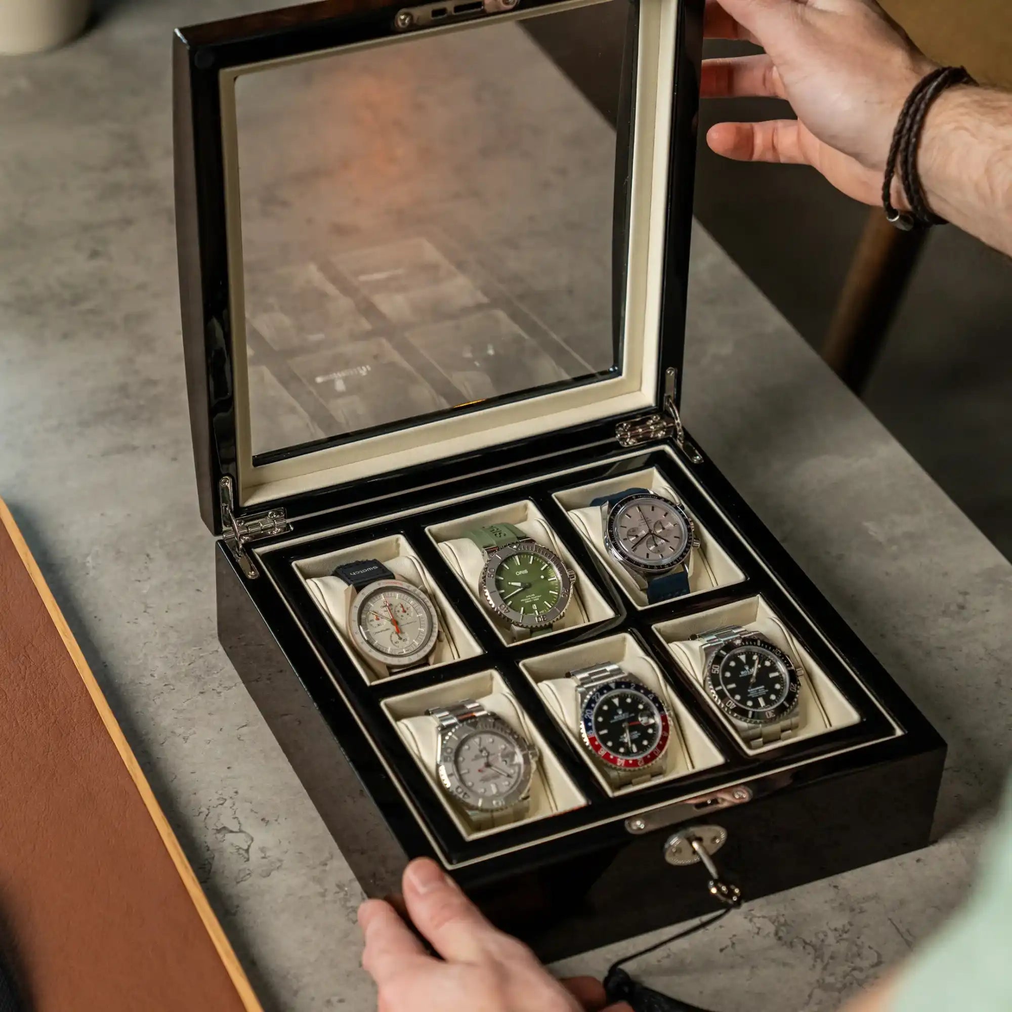 Glossy watch storage box.