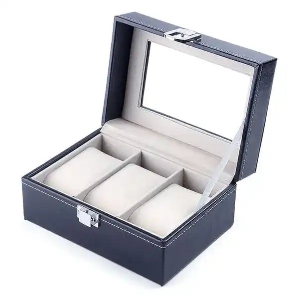Open black leather watch box.