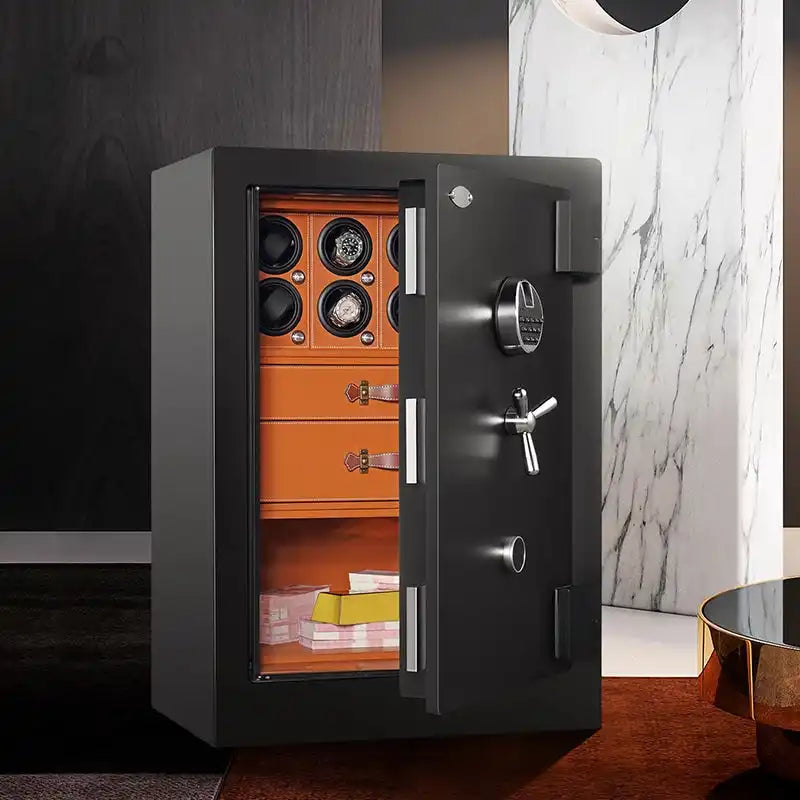Open black safe with orange interior.