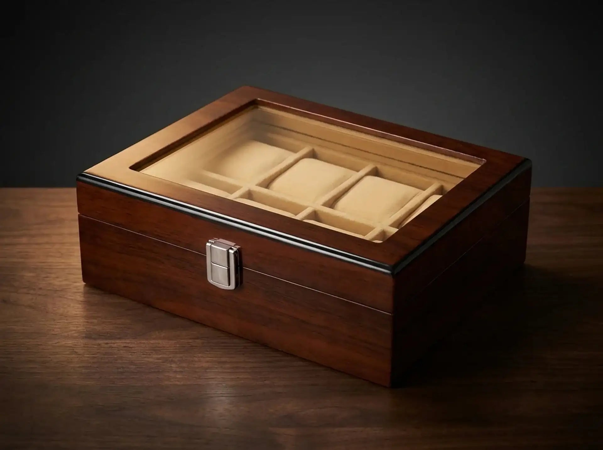 Rich mahogany wood watch display box with a clear glass lid and beige velvet interior compartments.
