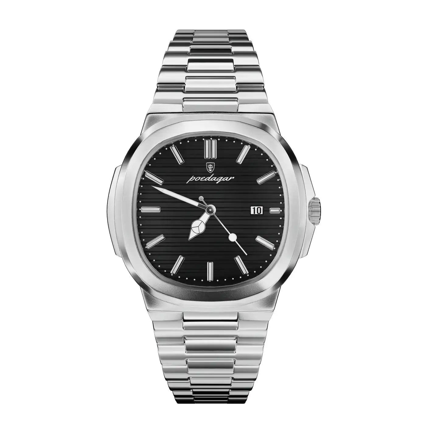 Silver-toned stainless steel watch with a black dial, white hour markers and hands, and a date window at the 3 o’clock position.