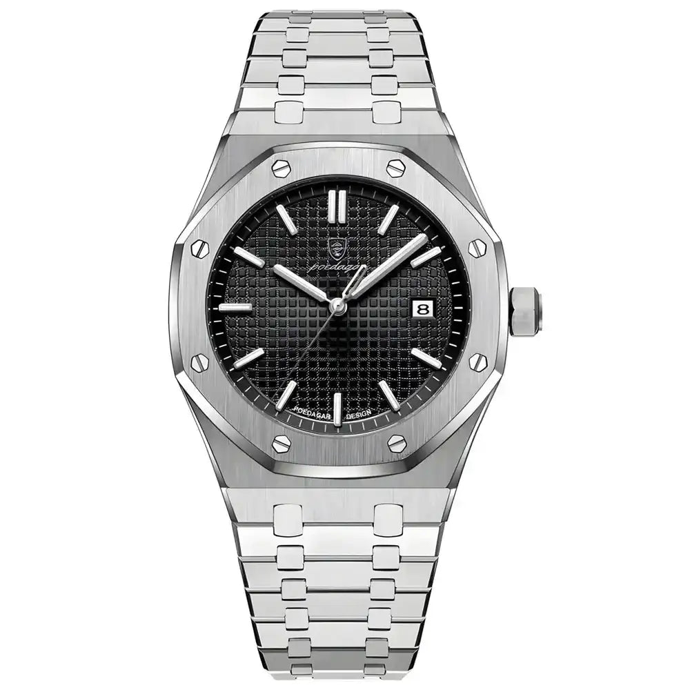 Silver-toned stainless steel watch with a black textured dial, white hour markers and hands, featuring an octagonal case design.