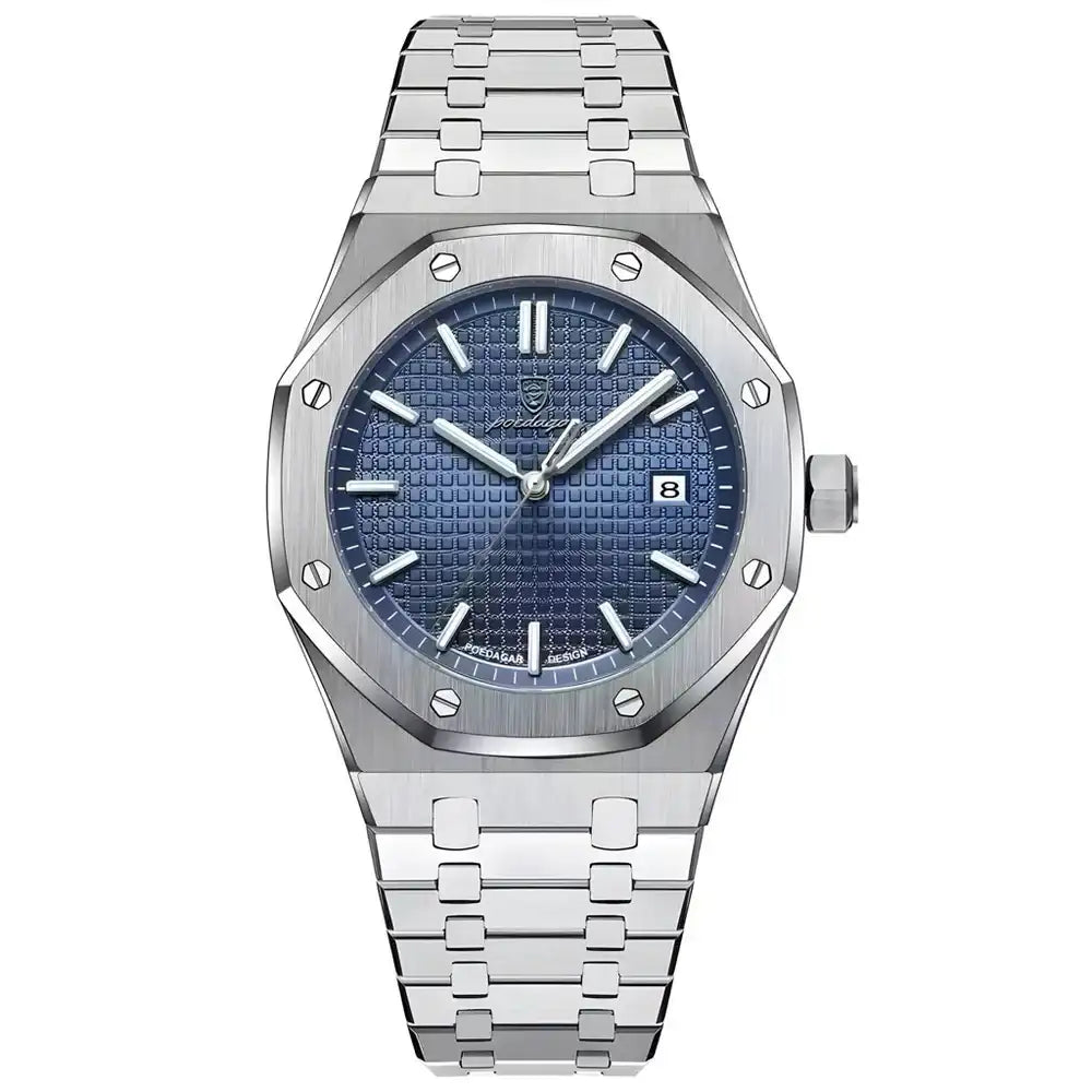 Silver-toned stainless steel watch with a blue textured dial and polished octagonal case.