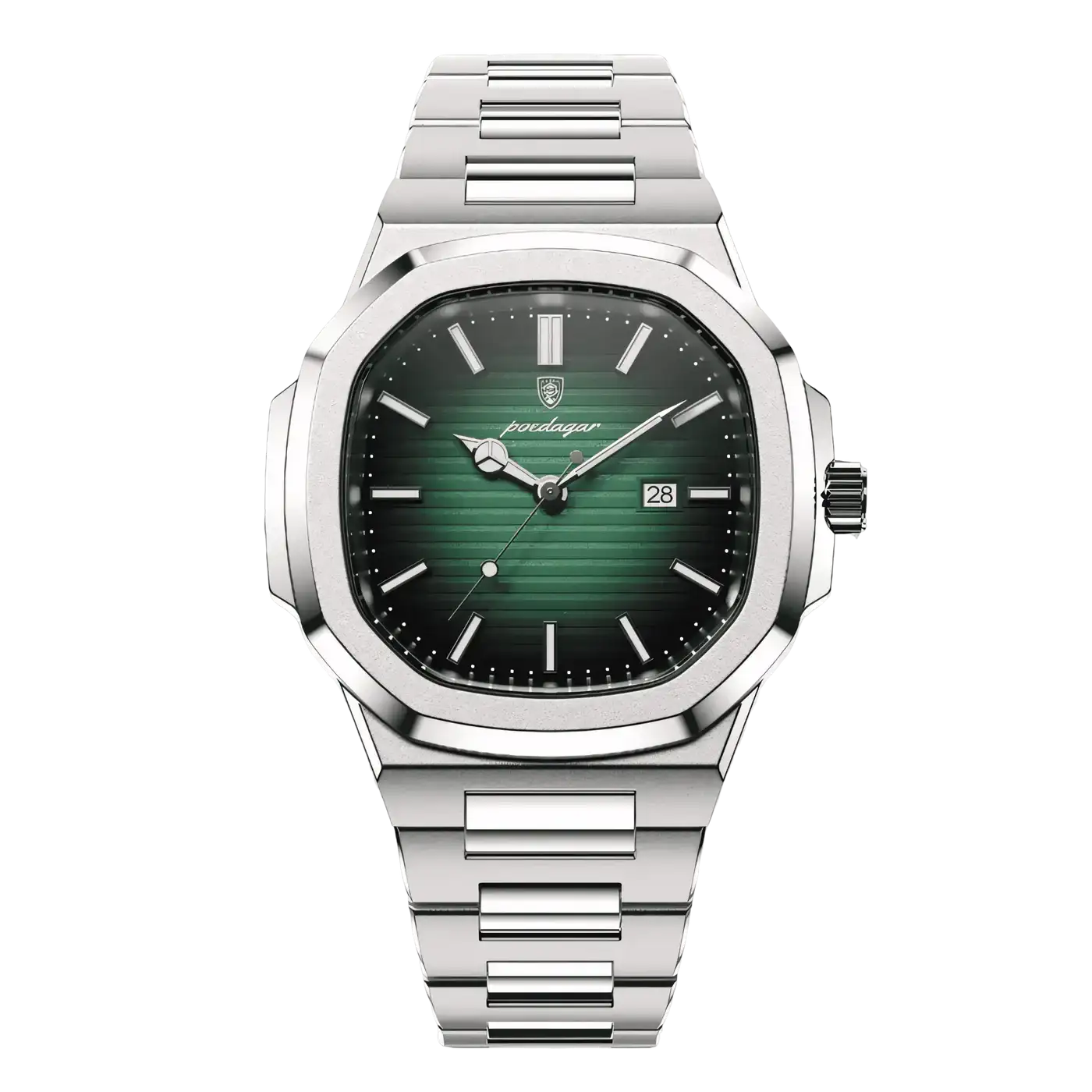 Silver-toned stainless steel watch with an octagonal case and a gradient green dial featuring white hour markers, the brand name ’porelugar’ printed below its logo.